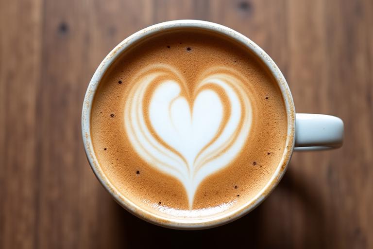 Ealaín latte i gcruth croí i gcupán ceirmeach.